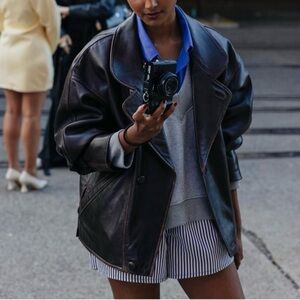 Sandro Black Leather Oversized Jacket - Size 38/ US 6-8 (Medium)
